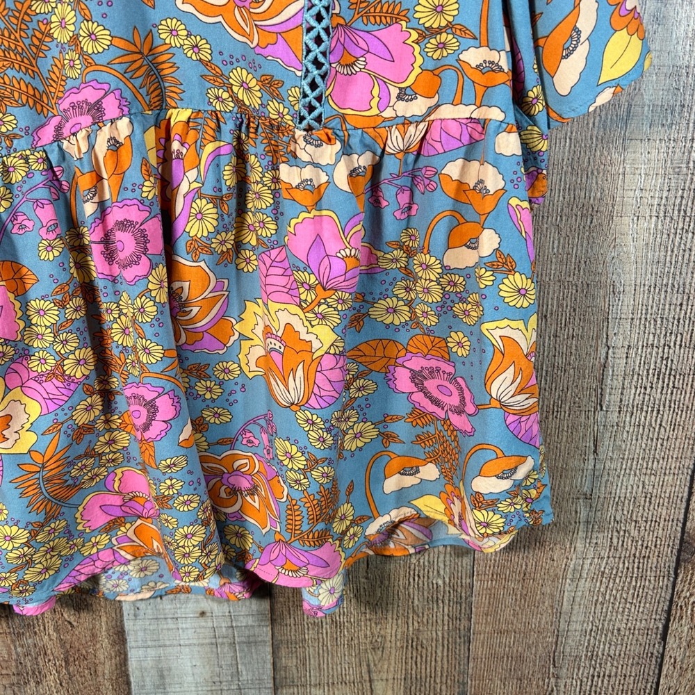 Rusttydustty Pink Orange Floral Viscose Peplum Boho Babydoll Top Plus Size 2XL - Picture 5 of 7